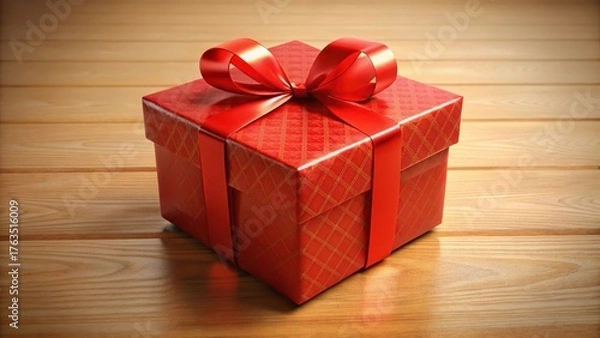 Obraz Decorative red gift box with elegant ribbon tied in a bow on a wooden table