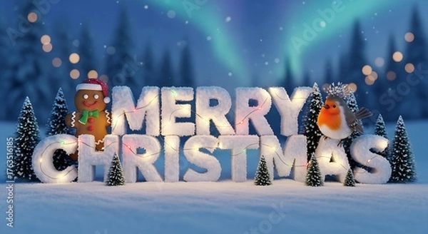 Fototapeta Festive Merry Christmas display with glowing letters, a gingerbread man, and a robin, set against a backdrop of aurora borealis and snow-covered trees, evoking a magical winter holiday scene