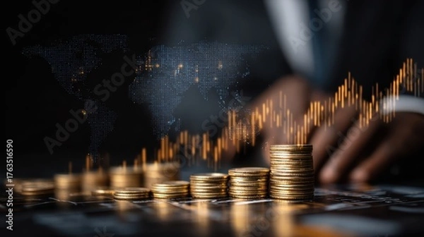 Fototapeta Investment Growth Strategy with Global Market Graph Stacks of Coins Showing Financial Success and Economic Development on World Map