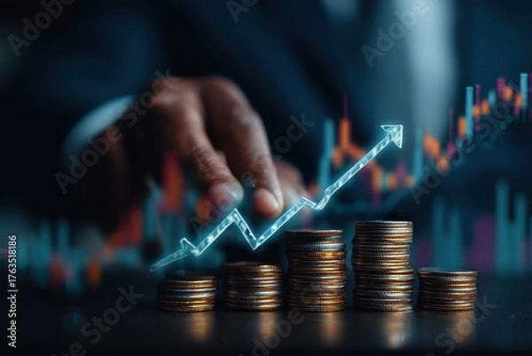 Fototapeta Financial Growth Strategy Depicted with Stacked Coins and an Upward Arrow Chart for Investment Success Planning and Stock Market Trading to Increase Wealth and Achieve Business Goals
