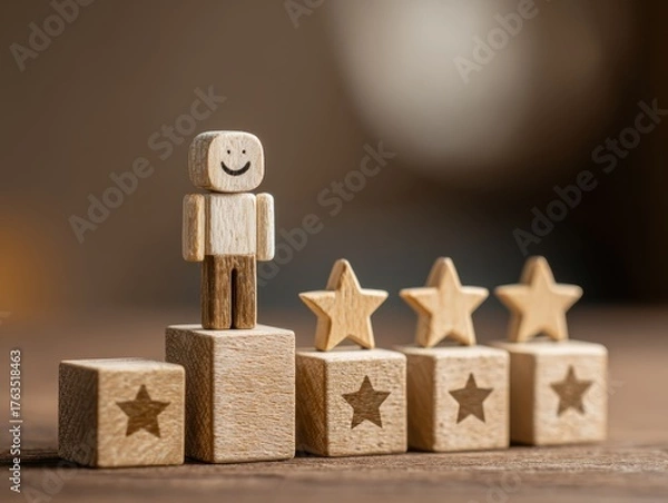 Fototapeta Customer Satisfaction Rating Wooden Blocks Stars Positive Feedback Service Quality Evaluation Product Review Business Growth Success Customer Experience