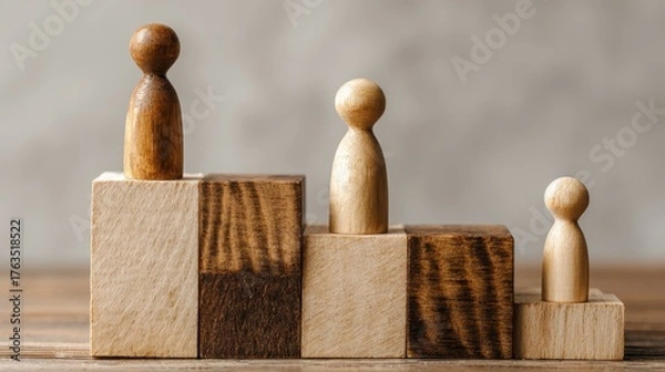 Fototapeta Wooden Peg Dolls Ascending Blocks of Varying Heights: Illustrating Success, Growth, and Leadership within Business Context Against Soft Background - Concept Of Achieving Higher Rank