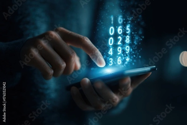 Fototapeta Advanced Cybersecurity System Digital Data Protection with Futuristic Numbers Display on Mobile Phone Innovative Security Access Verification Using Smartphone Mobile Application Secure Access on Phone
