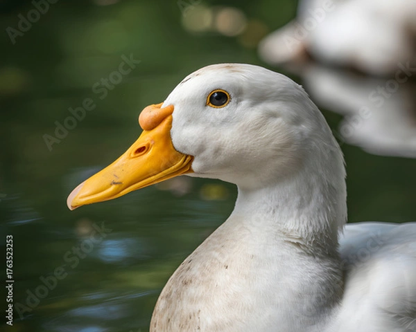 Obraz Elegant white duck portrait with vibrant yellow bill in tranquil pond setting, a beautiful nature scene perfect for conservation and wildlife projects