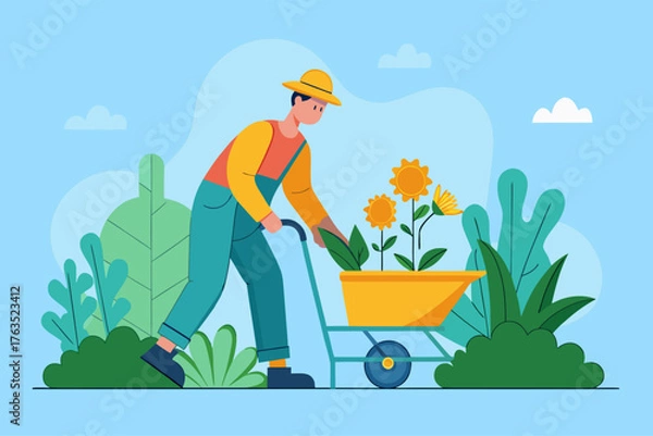 Fototapeta Gardener Pushing Wheelbarrow with Flowers on Light Blue Background