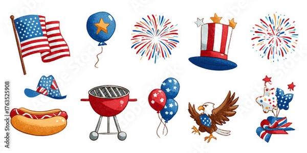 Fototapeta Independence day celebration elements featuring american flag fireworks uncle sam hat bbq grill hot dog eagle and balloons isolated on transparent background