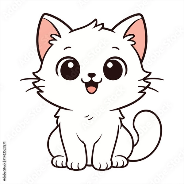 Fototapeta Adorable fluffy white kitten with big sparkling eyes and pink ears smiling vector