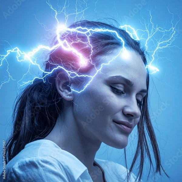 Obraz woman surrounded by electric lightning energy around head concept representing brain power creativity and focus