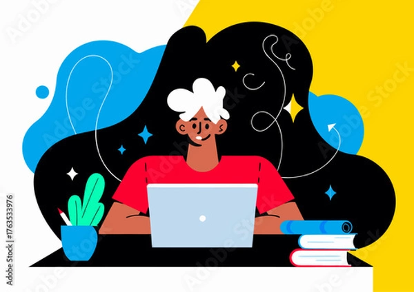 Fototapeta Happy Young African American Man Working on Laptop at Desk with Lamp and Plant