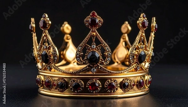 Obraz An ornate, golden crown, adorned with red and black jewels. Set against a dark background, the crown is highly detailed and reflects light