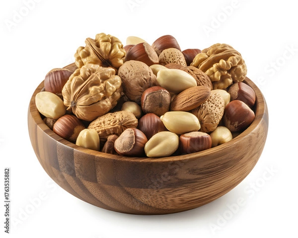 Obraz Delightful medley of fresh nuts in wooden bowl, perfect for healthy snacking, baking, or adding natural goodness to your recipes and promoting wellness