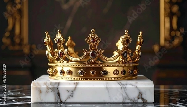 Obraz An ornate golden headpiece adorned with jewels, resting atop a marble pedestal. The crown is detailed, with intricate designs and a rich texture