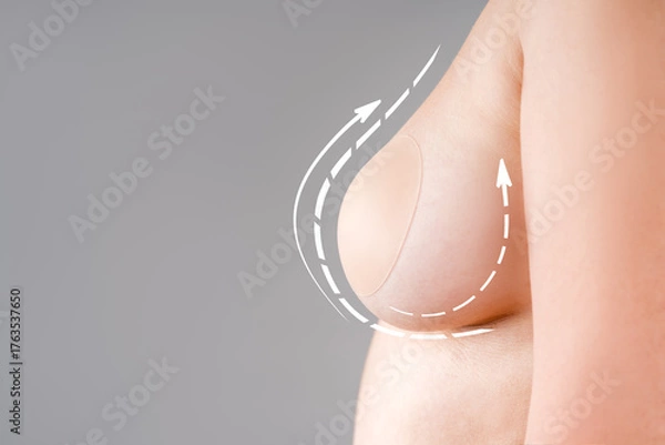 Obraz Breast augmentation, saggy breast before aesthetic lifting procedure, reduction mammoplasty, plastic surgery, healthcare and medicine concept on gray background