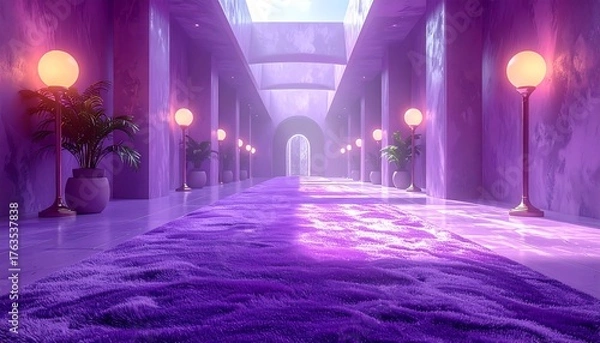Obraz An ornate, surreal, purple corridor leads towards a bright, open space, illuminated by glowing globe lights