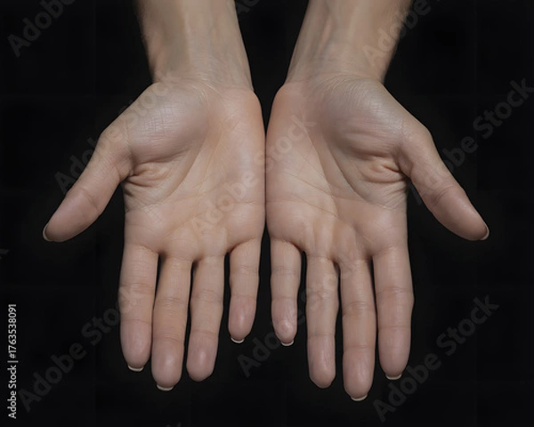 Obraz Offering open palms on black background for healing, guidance, or support concepts, conveying trust, sincerity, and vulnerability in digital spaces