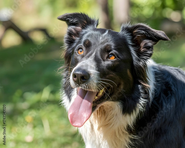 Obraz Happy border collie looking up with bright eyes and tongue out, perfect for pet care marketing or outdoor lifestyle promotions, black and white fur