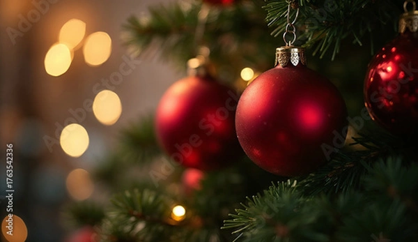 Fototapeta Close up of red Christmas balls on a Christmas tree with bokeh background