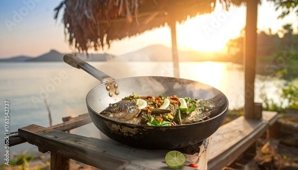 Obraz An outdoor sunset meal features a fish dish cooking in a pan, with a lake, mountains, and hut in the background