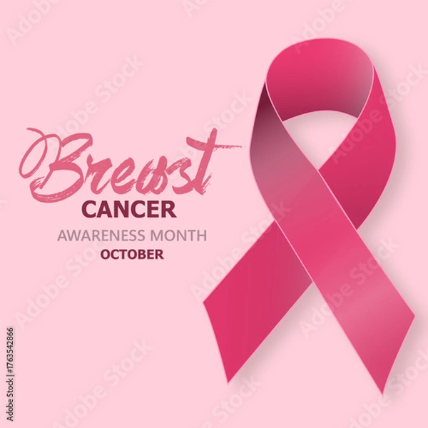Fototapeta Realistic pink breast cancer ribbon vector illustration with a circle. Breast cancer awareness symbol. 3D design template with wording and a shaded glitter ribbon for an awareness month campaign banne