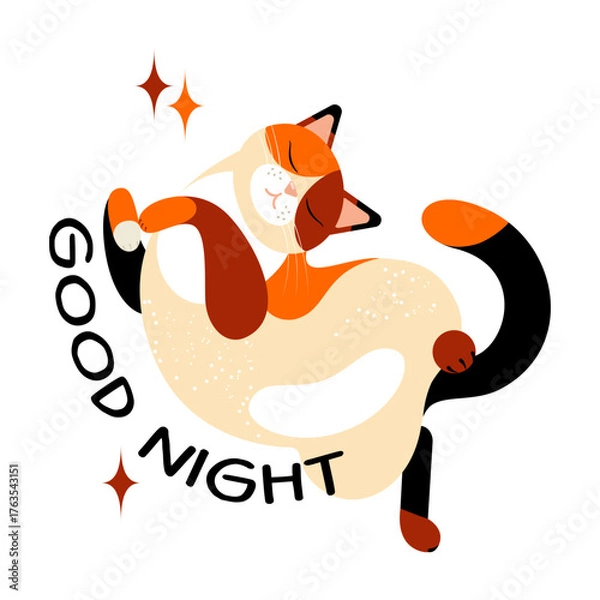 Fototapeta clip art with a cute sleeping cat and a good night message. flat drawing. stock vector illustration. EPS 10.