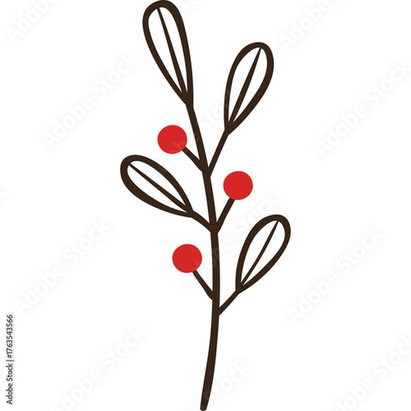 Fototapeta Minimalist botanical illustration of a thin stem with three red berries and four brown outlined leaves on a transparent background