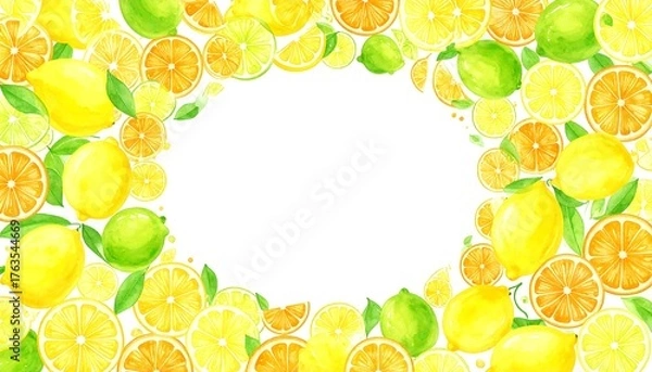 Obraz An oval frame of vibrant citrus fruits, including lemons, limes, and oranges, arranged with green leaves against a clean white backdrop