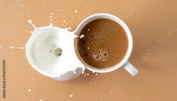 Obraz An overhead shot captures a cup of coffee with milk splashing out of another. The liquid creates dynamic forms against a neutral, warm background