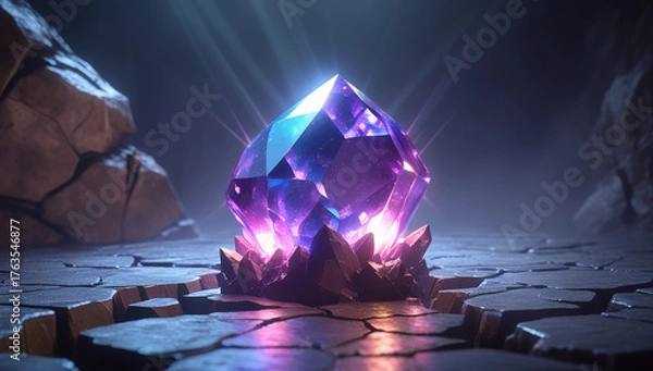 Obraz A 3D render of a glowing crystal or gemstone embedded in the cracks of a rock.