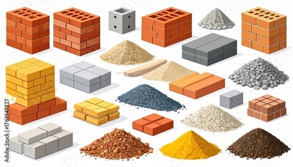 Obraz Isometric Construction Materials: Bricks, Sand, Gravel, and Blocks for Building Projects