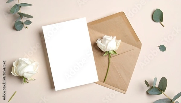 Fototapeta An overhead shot displays an empty greeting card next to a kraft envelope, holding a white rose. Eucalyptus branches and petals are arranged in the background