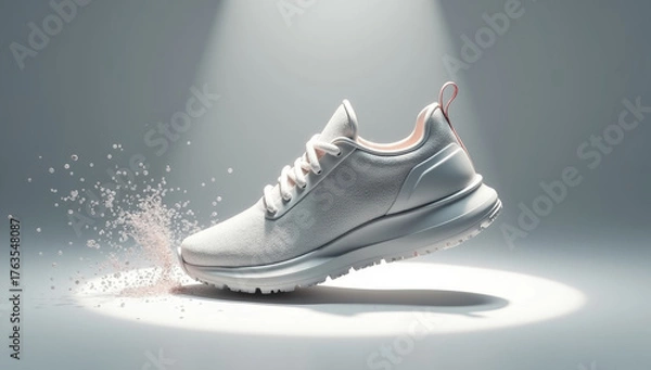 Fototapeta A 3D model of sneakers at a slight angle, with floating dust particles.