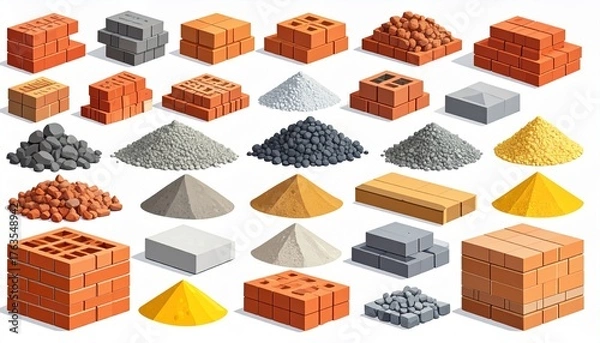 Fototapeta Isometric Construction Materials Set: Bricks, Sand, Gravel, Cement, and Blocks for Building and Renovation Projects on White Background