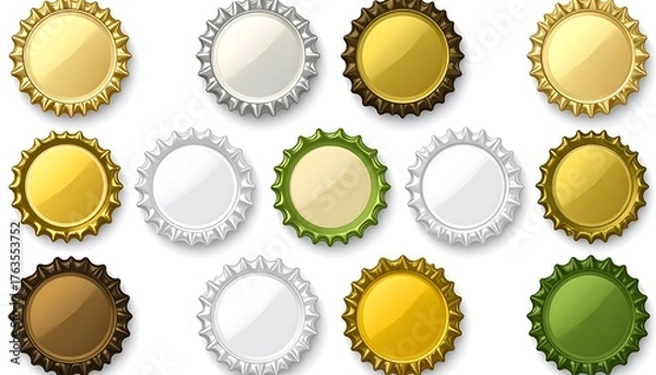 Fototapeta An overhead shot of various metallic bottle caps with a glossy sheen, displayed in multiple rows against a white background