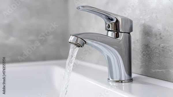 Fototapeta Sparkling chrome faucet with flowing water in a modern bathroom for a clean and refreshing start to your morning routine