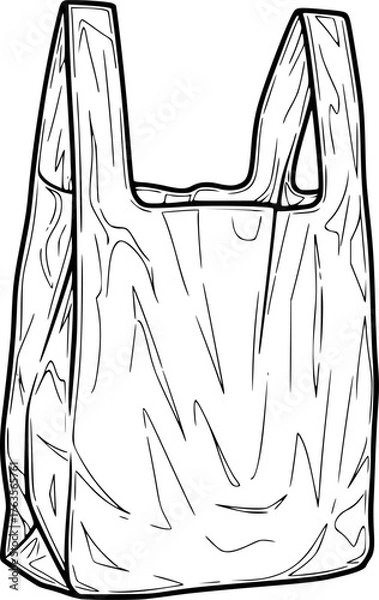 Obraz Plastic bag drawing. It is a black and white outline image of a common plastic shopping bag, often associated with retail and groceries. Vector sketch line art draw