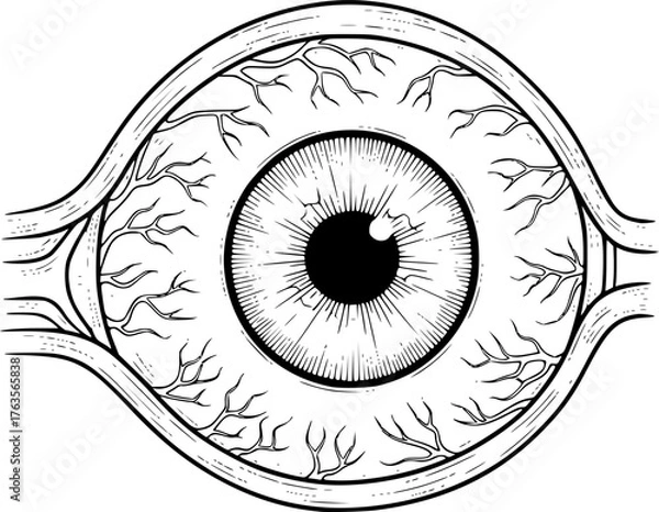 Fototapeta Anatomical eyeball drawing. It is a black and white outline image of an anatomical human eyeball, detailing its structure and surrounding blood vessels. Vector sketch line art draw.