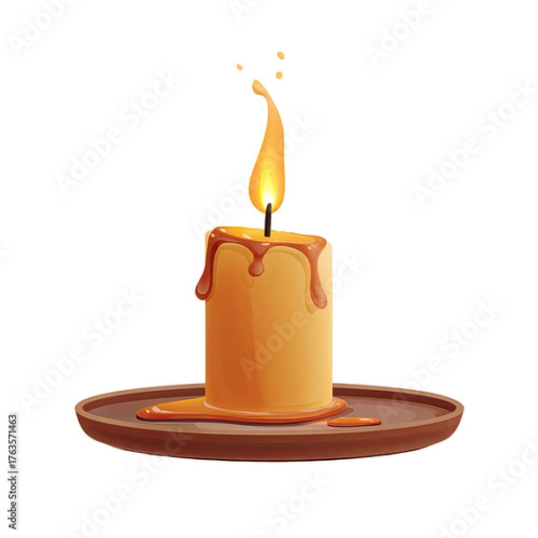 Obraz A detailed, cartoon candle burning with a flickering flame, melting wax on a dark brown dish