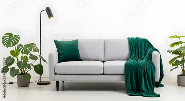 Obraz Stylish living room with modern sofa, plants, and a vibrant emerald throw blanket