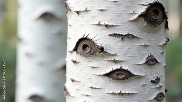 Fototapeta Intriguing patterns of nature's artistry on a tree trunk, showcasing a unique texture and formation resembling eyes