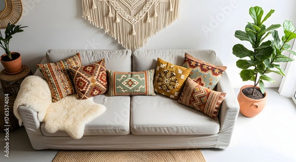Obraz Boho chic living room featuring cozy sofa with patterned pillows and potted plants