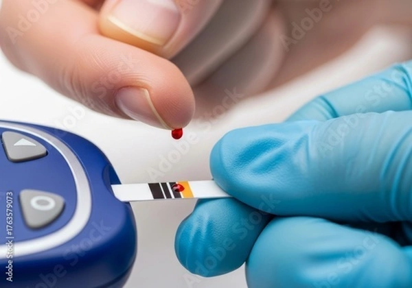 Fototapeta Close-up of a healthcare professional performing a precise blood glucose test on a patient's finger for diabetes monitoring and health management