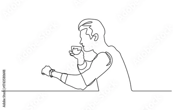 Fototapeta One continuous line drawing of young happy man enjoying and holding a cup of coffee, Isolated on transparent background