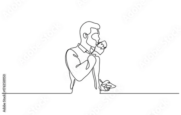 Fototapeta One continuous line drawing of young happy man enjoying and holding a cup of coffee, Isolated on transparent background