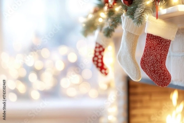 Obraz Cozy christmas scene with stockings by fireplace and glowing tree