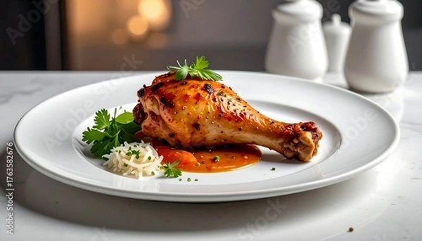 Fototapeta Appetizing roasted chicken drumstick on white plate. Garnished with parsley, carrots, and rice. Salt/pepper shakers blurred in background