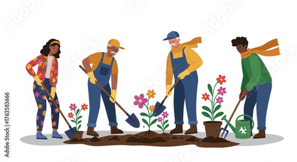 Fototapeta Diverse group of gardeners planting flowers in springtime