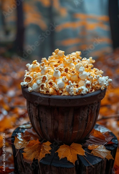 Fototapeta Bucket of popcorn in autumn leaves 