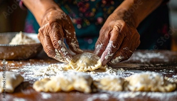 Fototapeta Wrinkled Hands Gently Shaping Small Dough Dumplings on Wood Surface Covered in Flour with Natural Lighting Food