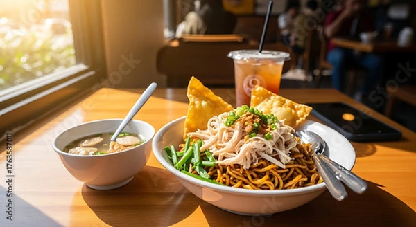 Fototapeta A delicious Asian noodle dish with dumplings and soup on a wooden table.