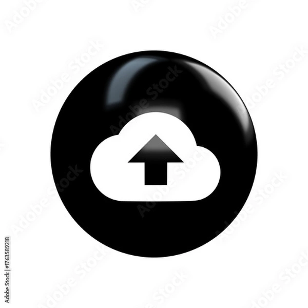 Fototapeta White cloud upload icon on black glossy button in transparent